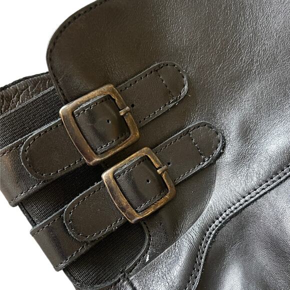 Anthropologie 7 Sanita Leather Wedge Riding Boots Tall Wood Heel COMFORT Black - Picture 10 of 11